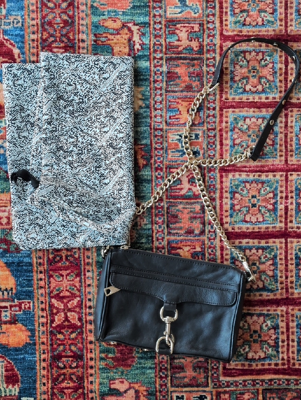 Rebecca Minkoff Black Leather Crossbody Bag with Gold Chain